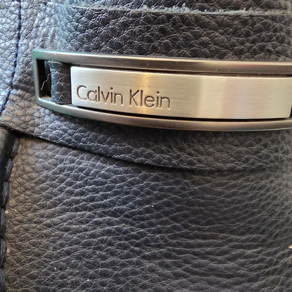 Calvin Klein Men's Navy Blue Leather Loafer Slip On Square Toe Logo Metal Bar